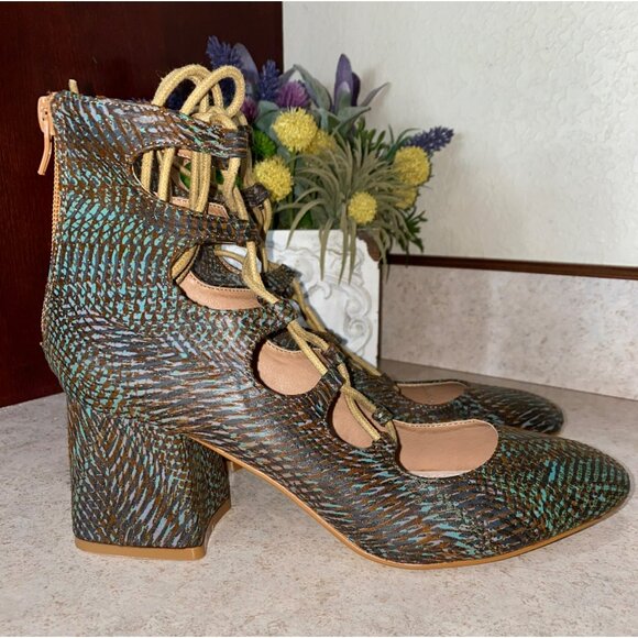 Vanessa Wu Ghillie Lace-Up Block Heels Size 38 US 7.5 Leather Upper Brown & Teal - Picture 8 of 12